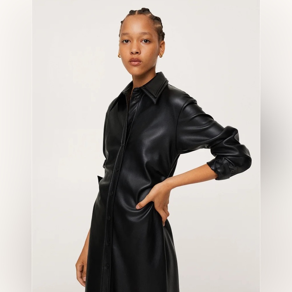 MANGO Faux Leather Midi Button Down Dress Size 6